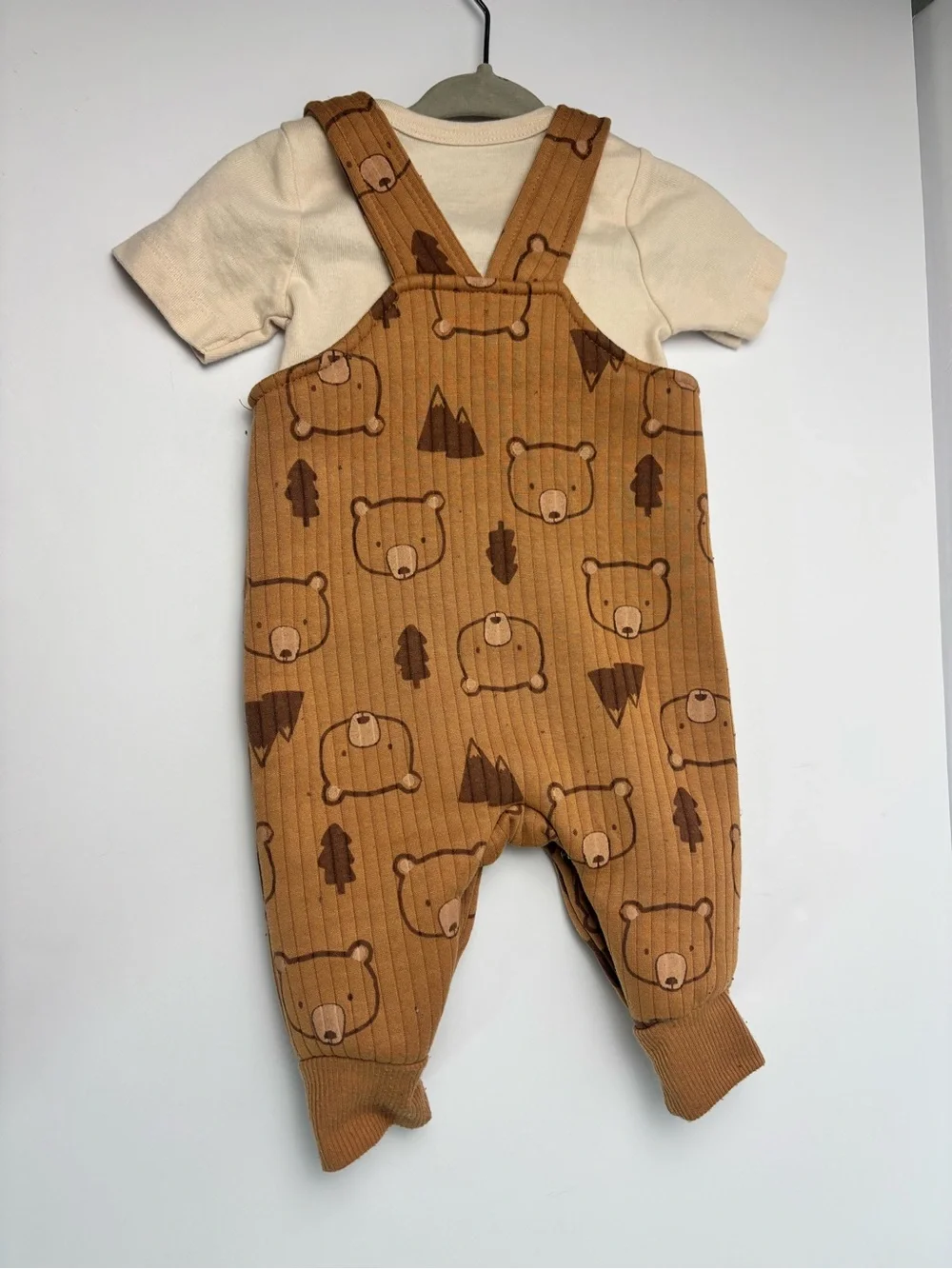 Brown Bear Print Ribbed Overalls Matching Set with Cream Dino Tee